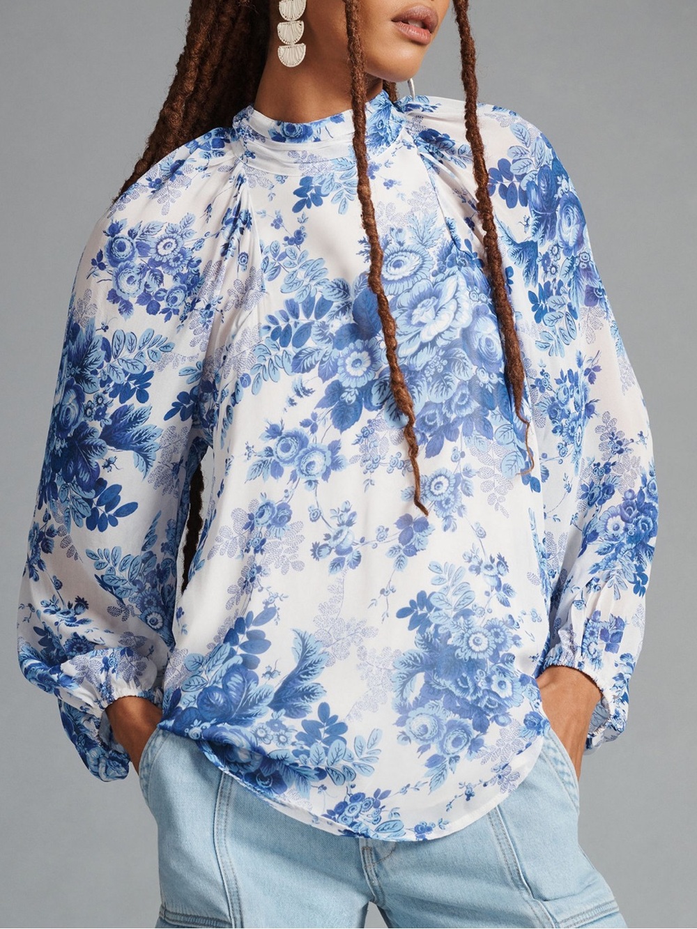 Maeve Anthropologie Blue Floral Sheer Tunic Blouse Open Back Tie Small - Picture 3 of 16